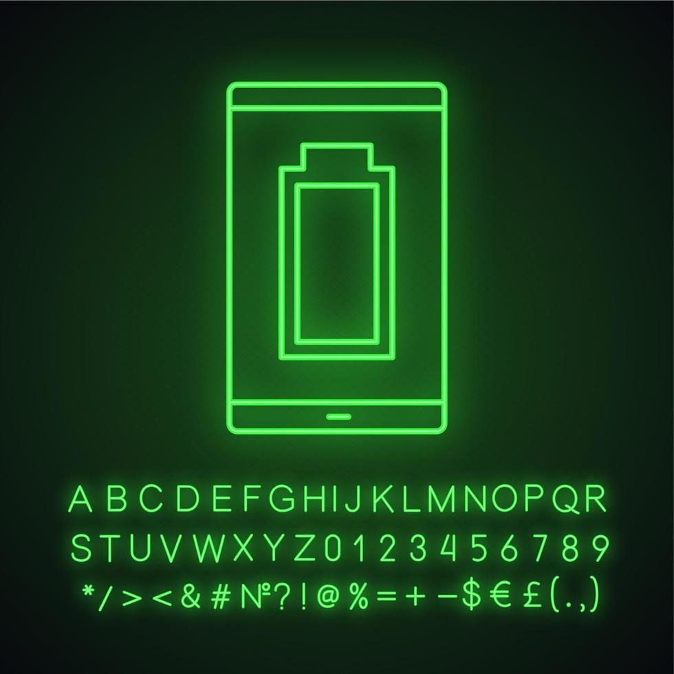 volledig opgeladen smartphone batterij neonlichtpictogram. mobiele telefoon opladen voltooid. batterijniveau-indicator. gloeiend bord met alfabet, cijfers en symbolen. vector geïsoleerde illustratie