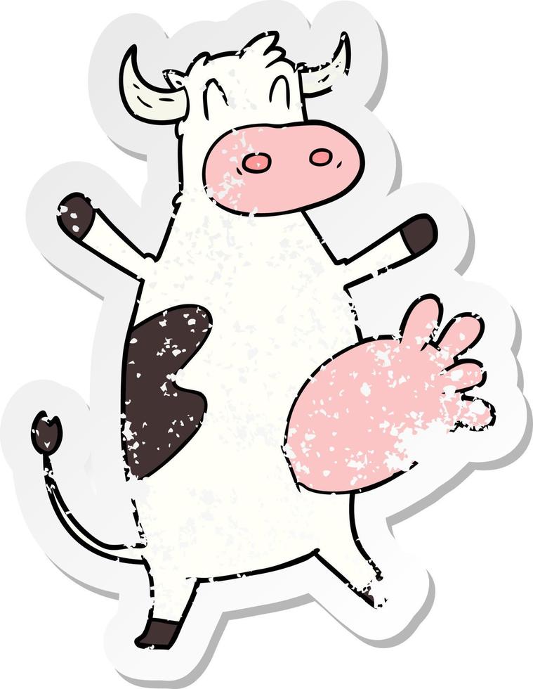 verontruste sticker van een cartoon koe die uier zwaait vector