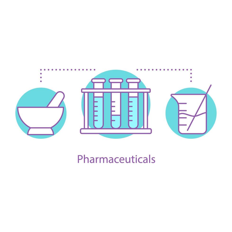 chemie concept icoon. diagnostische of wetenschappelijke lab idee dunne lijn illustratie. geneesmiddelen. reageerbuizen, vijzel en stamper, beker. vector geïsoleerde overzichtstekening