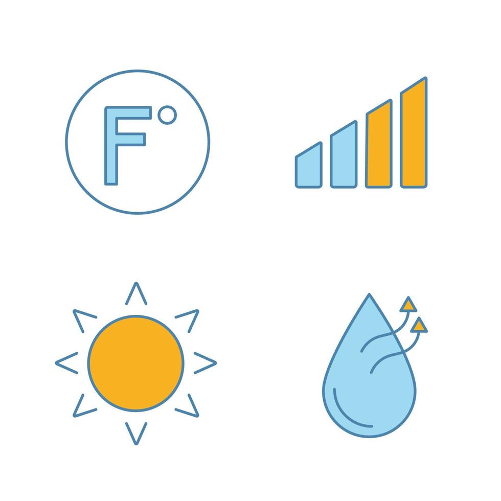 airconditioning gekleurde pictogrammen instellen. Fahrenheit-graad, vermogensniveau, zon, luchtbevochtiging. geïsoleerde vectorillustraties vector
