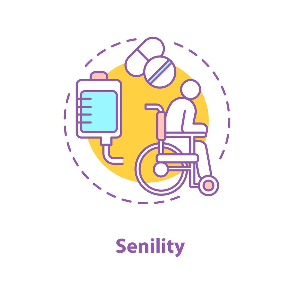 seniliteit concept icoon. onbekwaamheid. ouderen medische zorg idee. dunne lijn illustratie. oude man in rolstoel, infuus en medicatie. vector geïsoleerde overzichtstekening