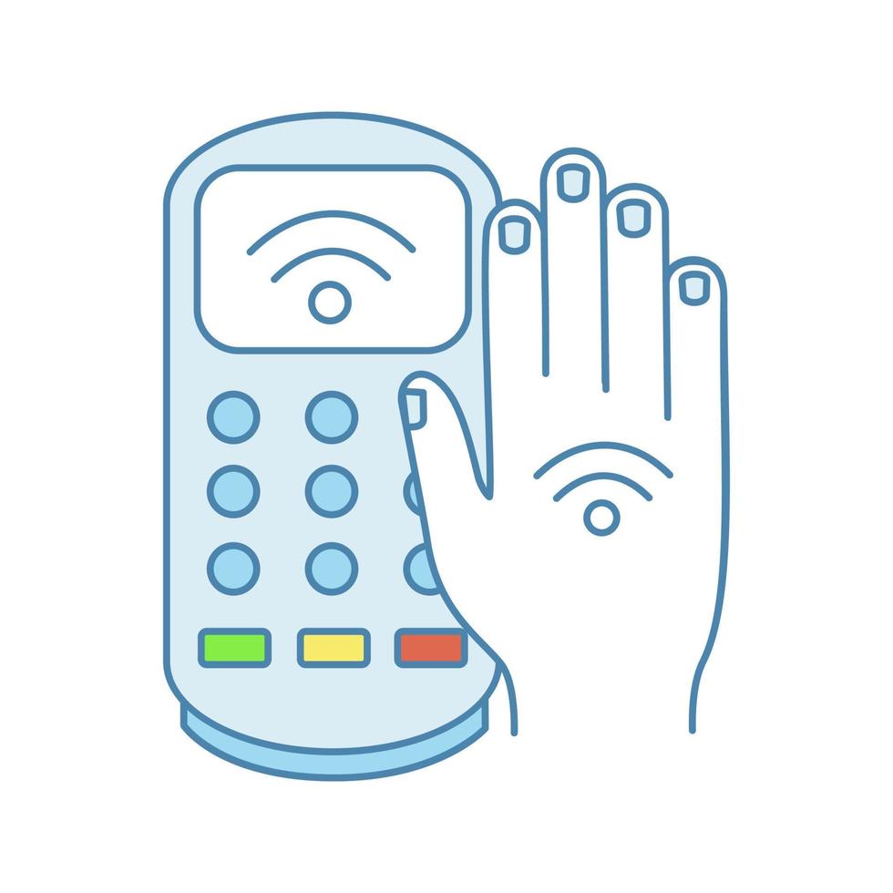 nfc betaalterminal kleur icoon. betaling met nfc-sticker. pos-terminal en hand met rfid-tag. contactloze transactie. nearfield communicatie. e-betaling. geïsoleerde vectorillustratie vector