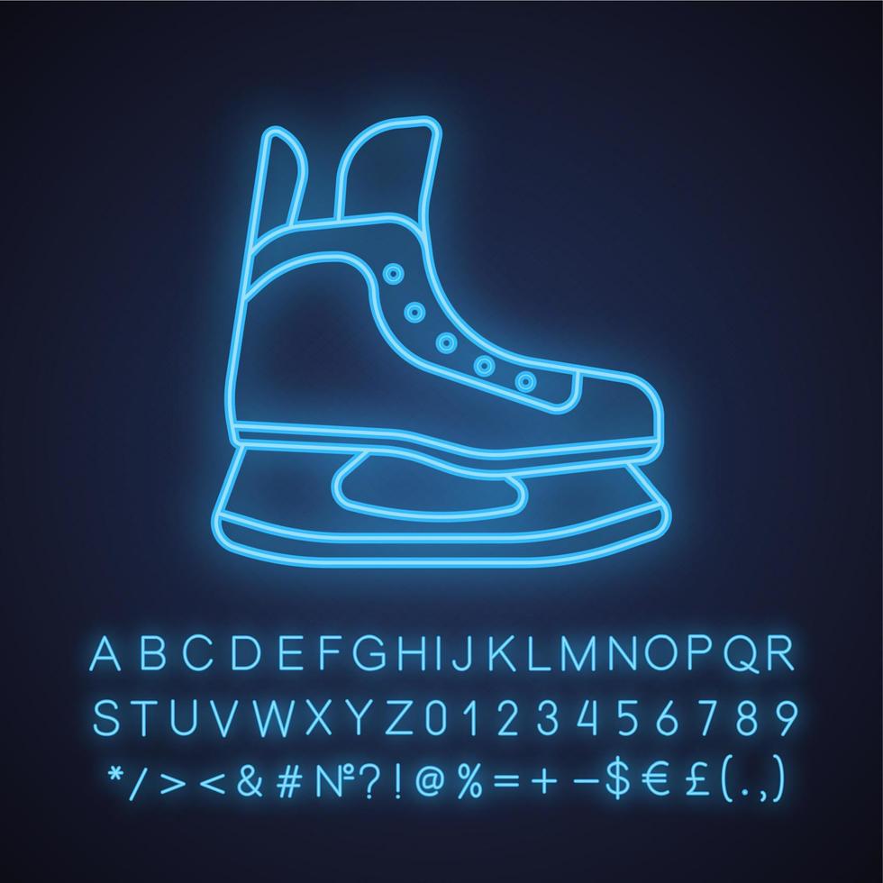 ijs skate neon licht icoon. schaatsschoen. gloeiend bord met alfabet, cijfers en symbolen. vector geïsoleerde illustratie