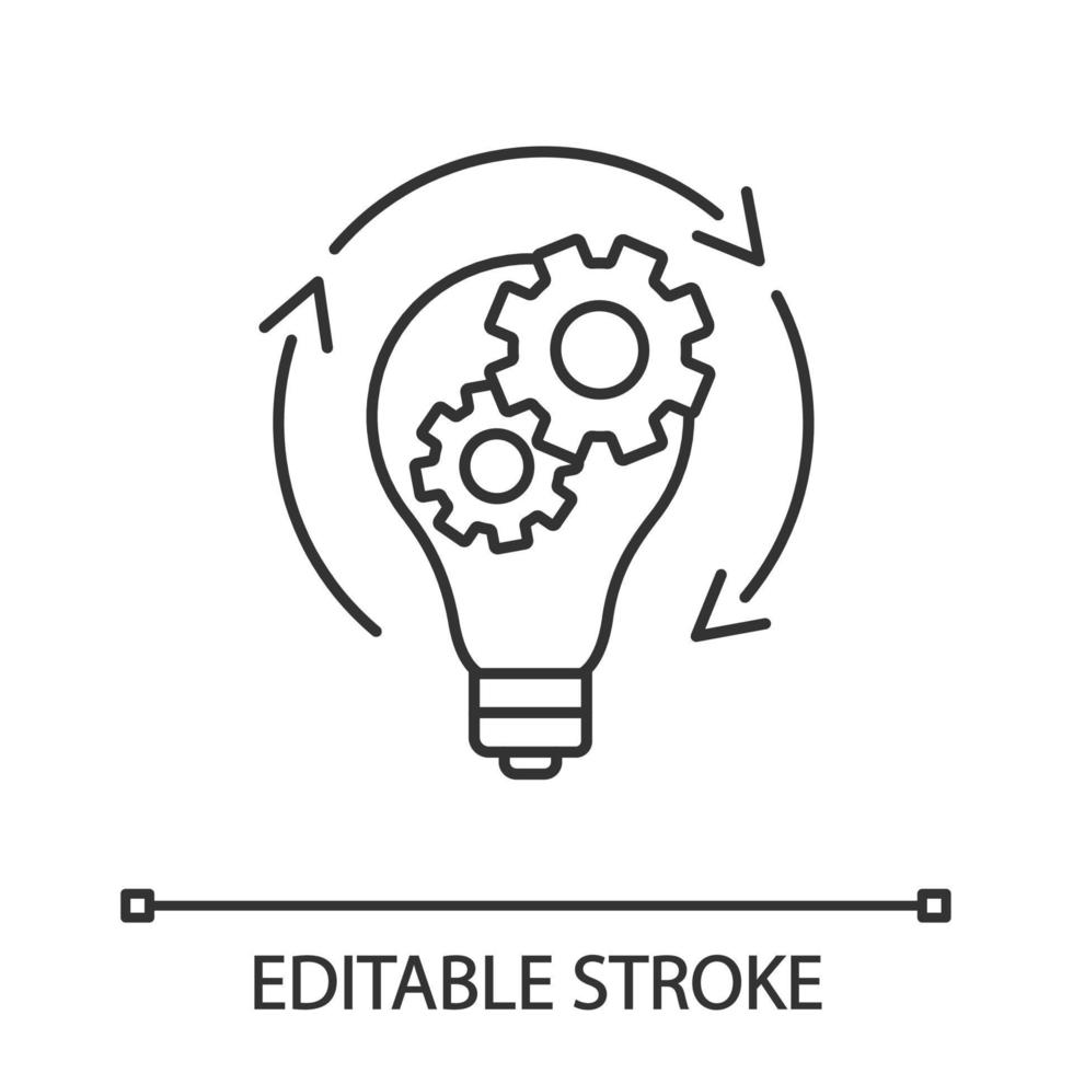 idee generatie lineaire pictogram. dunne lijn illustratie. ontwikkeling van het opstarten. nieuw bedrijfsconcept. innovaties. gloeilamp met tandwielen binnen en cirkelpijl. vector geïsoleerde tekening. bewerkbare streek