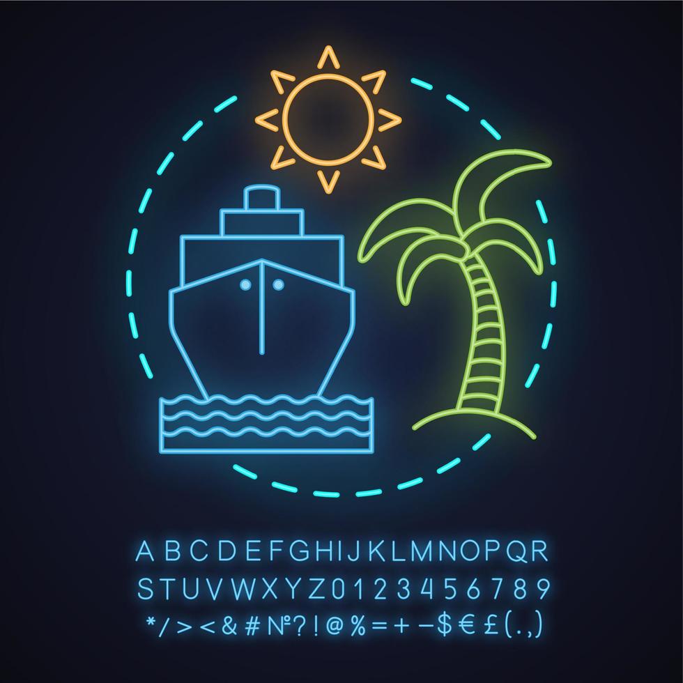 reisbureau neon licht concept icoon. vakantie idee. zomer rust. Cruise schip. reis. gloeiend bord met alfabet, cijfers en symbolen. vector geïsoleerde illustratie