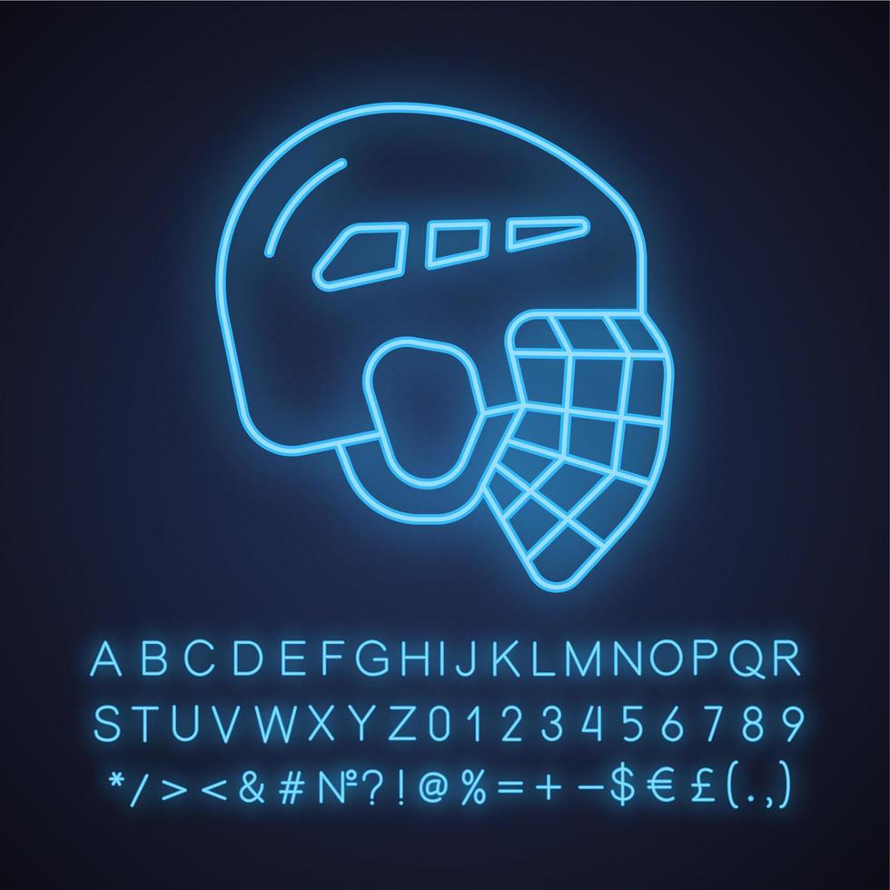 hockey helm neon licht icoon. gloeiend bord met alfabet, cijfers en symbolen. vector geïsoleerde illustratie