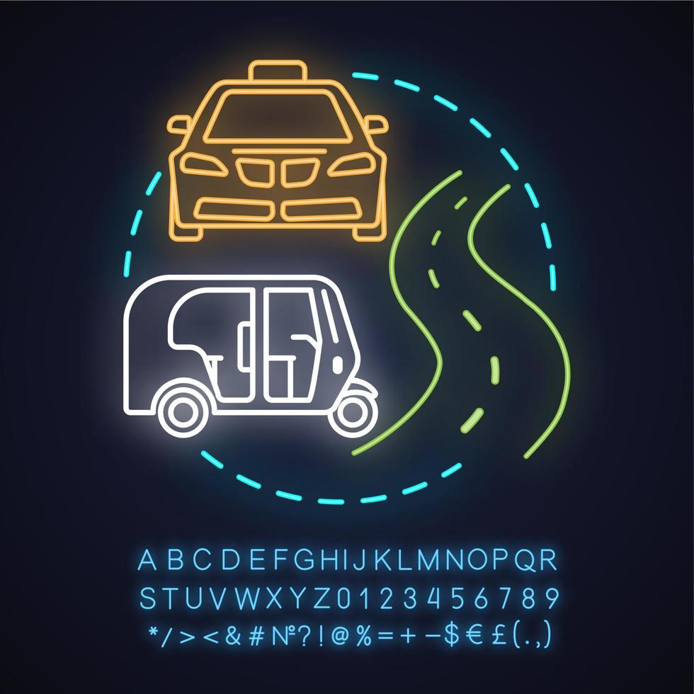 taxi service neon licht concept icoon. stadsvervoer idee. auto en auto-riksja. gloeiend bord met alfabet, cijfers en symbolen. vector geïsoleerde illustratie