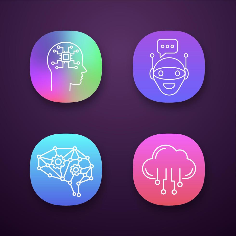 kunstmatige intelligentie app pictogrammen instellen. ui ux-gebruikersinterface. neuraal netwerk. neurotechnologie. chatbot, ai, digitaal brein, cloud computing. web- of mobiele applicaties. geïsoleerde vectorillustraties vector