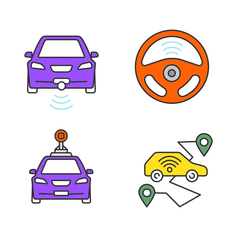slimme auto's gekleurde pictogrammen instellen. nfc auto's. intelligente voertuigen. zelfrijdende auto's. autonome auto's. voertuigen zonder bestuurder. geïsoleerde vectorillustraties vector