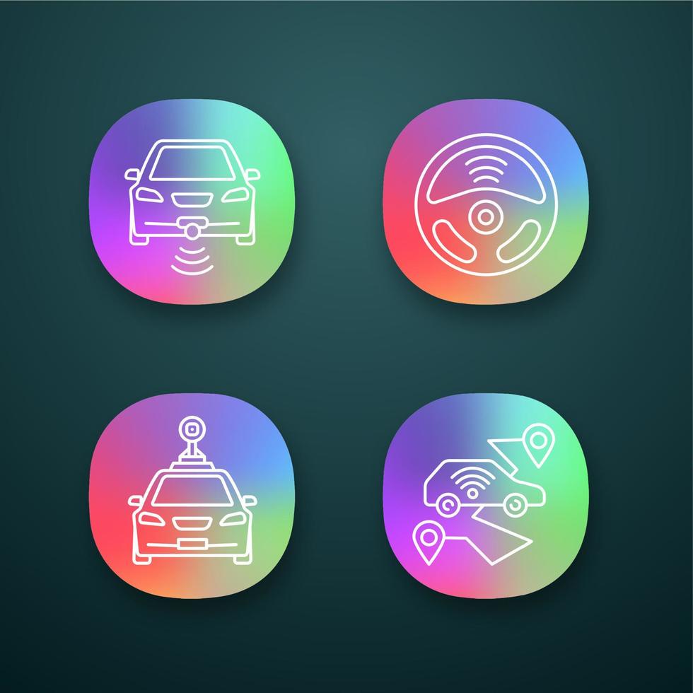 slimme auto's app pictogrammen instellen. nfc auto's. intelligente voertuigen. zelfrijdende auto's. autonome auto's. voertuigen zonder bestuurder. ui ux-interface. web- of mobiele applicaties. geïsoleerde vectorillustraties vector