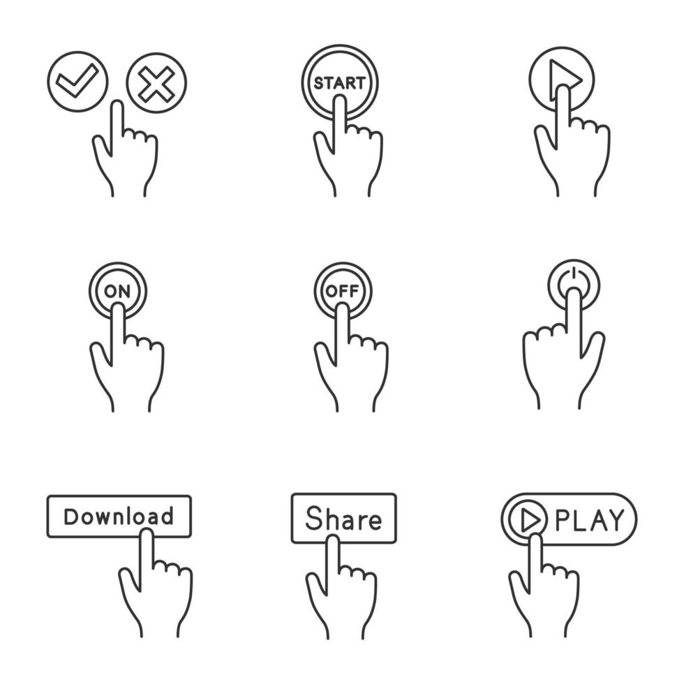 app knoppen lineaire pictogrammen instellen. Klik. accepteren en weigeren, starten, spelen, in- en uitschakelen, inschakelen, downloaden, delen, starten. dunne lijn contour symbolen. geïsoleerde vectoroverzichtsillustraties. bewerkbare streek vector