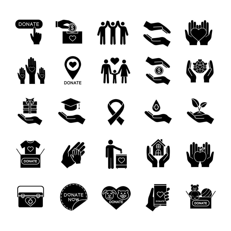 liefdadigheid glyph pictogrammen instellen. silhouet symbolen. bijdrage. fondsenwerving, helpende handen, vrijwilligerswerk, humanitaire hulp. vector geïsoleerde illustratie