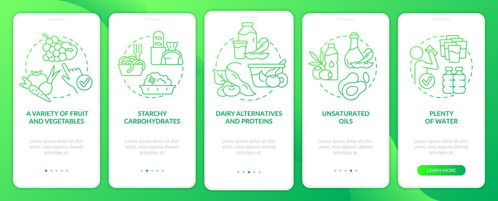 tips voor veganistische levensstijl groene gradiënt onboarding mobiele app-scherm. walkthrough 5 stappen grafische instructiepagina's met lineaire concepten. ui, ux, gui-sjabloon. vector