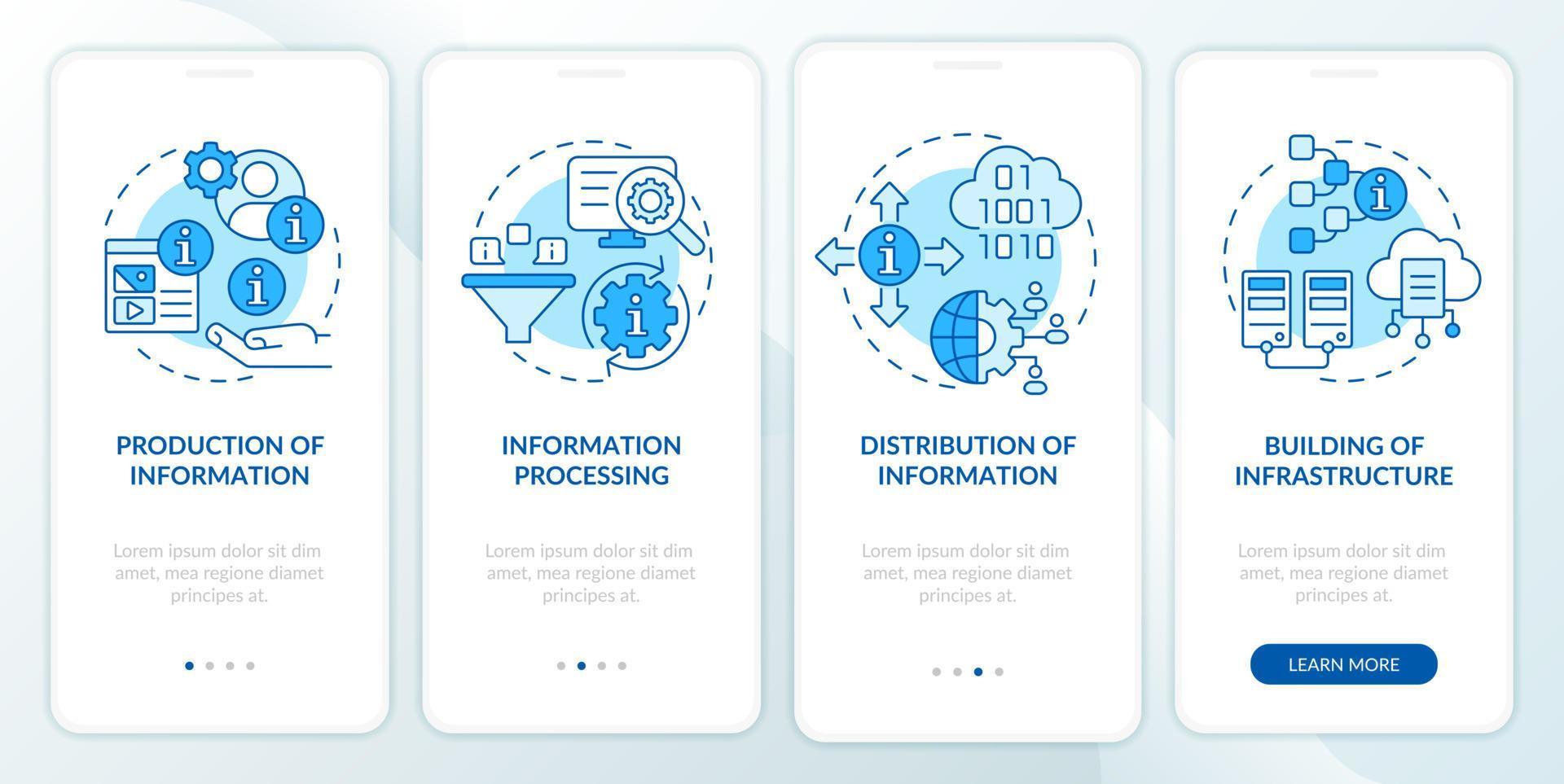 taken van de informatie-industrie blauw onboarding mobiele app-scherm. walkthrough 4 stappen grafische instructiepagina's met lineaire concepten. ui, ux, gui-sjabloon. vector