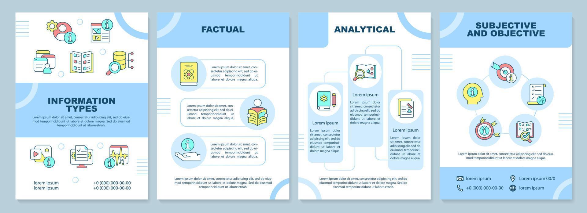 informatie typen blauwe brochure sjabloon. feitelijke en analytische soorten. folderontwerp met lineaire pictogrammen. 4 vectorlay-outs voor presentatie, jaarverslagen. vector