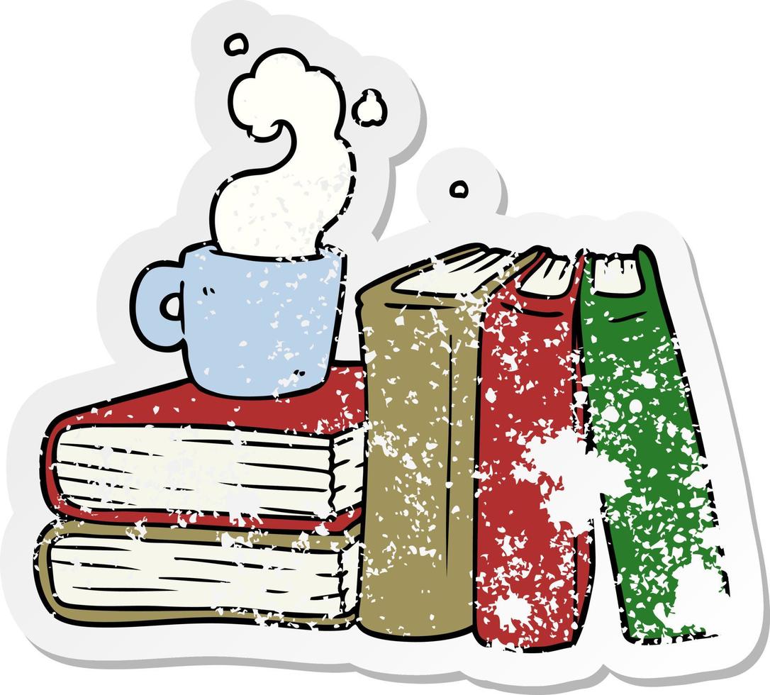 verontruste sticker van een cartoon koffiekopje en studieboeken vector