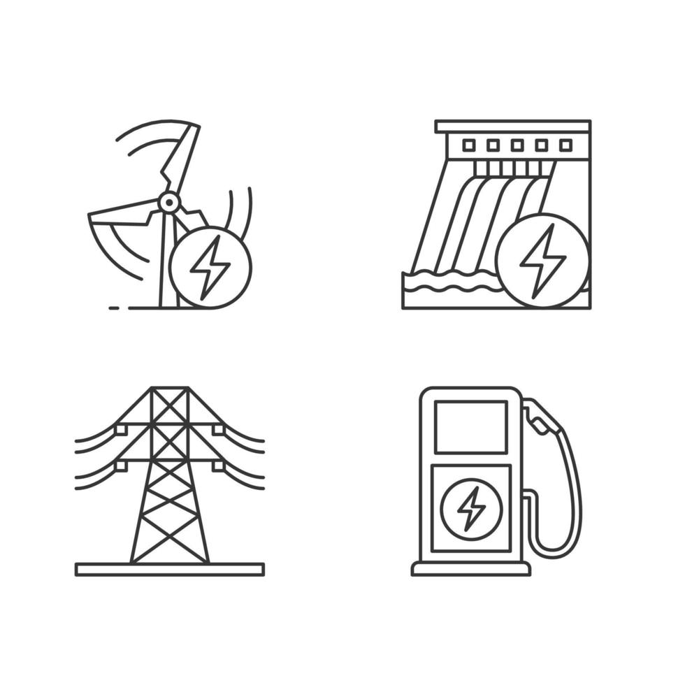 elektrische energie industrie lineaire pictogrammen instellen. hoogspanningslijn, wind- en waterenergie, laadstation voor elektrische voertuigen. geïsoleerde vectoroverzichtsillustraties. bewerkbare streek vector