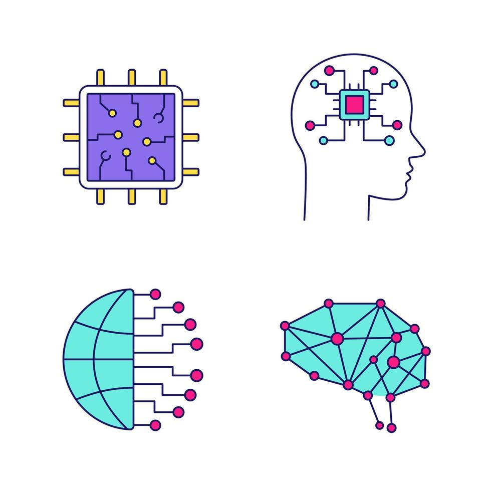 kunstmatige intelligentie gekleurde pictogrammen instellen. informatie technologieën. neurotechnologie. processor, ai, big data, digitale hersenen. geïsoleerde vectorillustraties vector