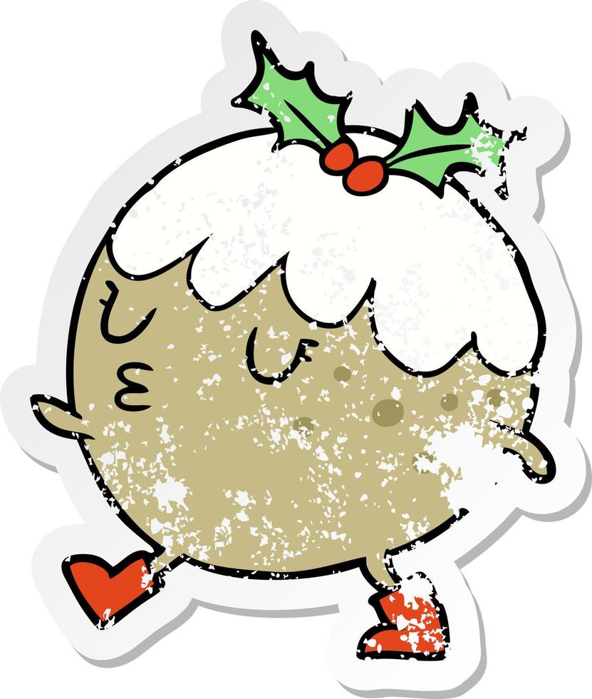 verontruste sticker van een cartoon kerstpudding wandelen vector