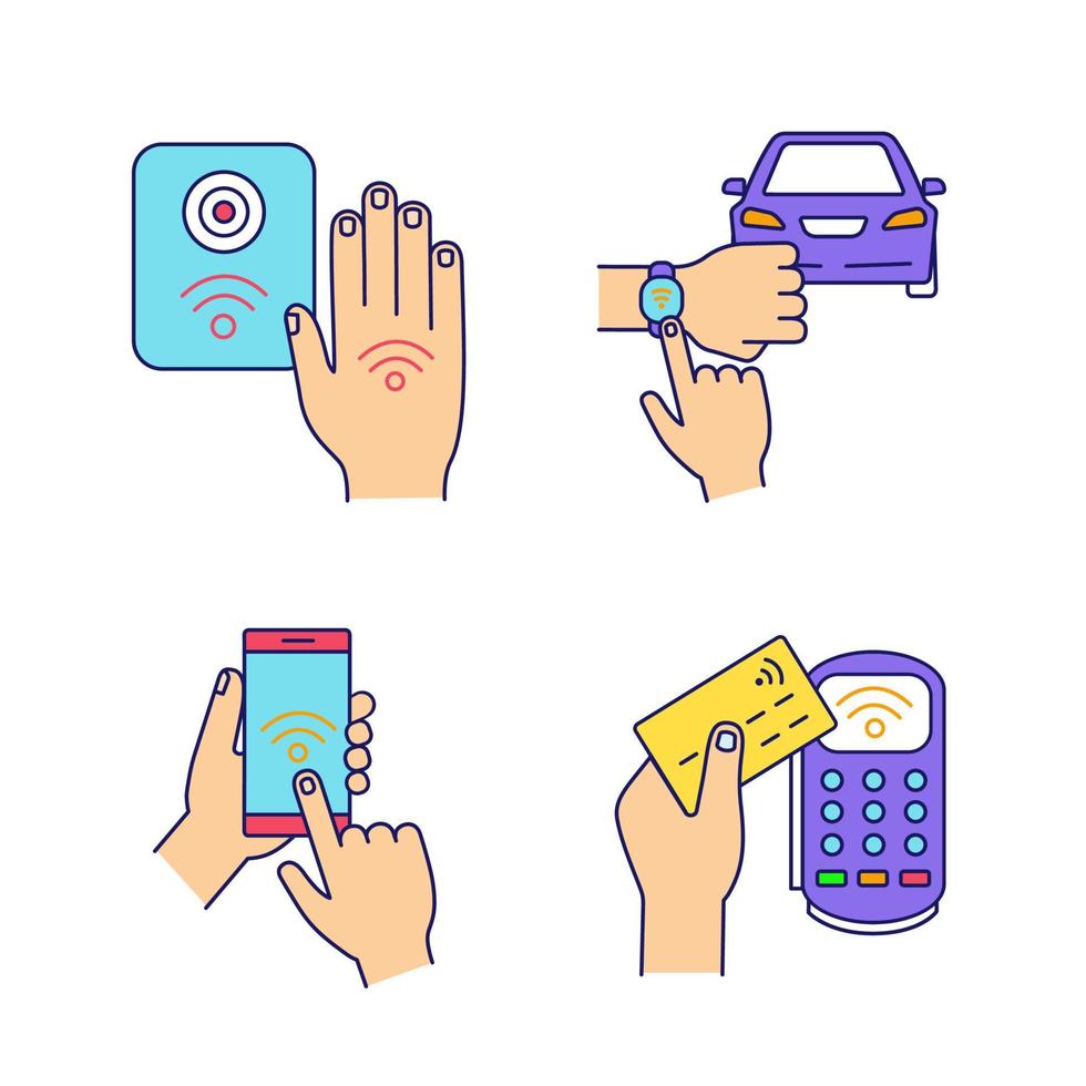 NFC-technologie kleur pictogrammen instellen. near field smartphone, auto en armband, betaalterminal, reader. geïsoleerde vectorillustraties vector