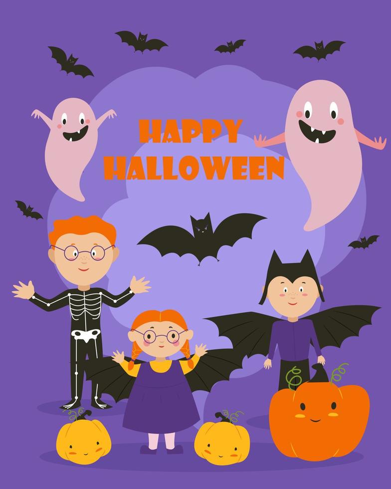 ansichtkaartbanner voor halloween, kinderen in kostuums van geesten en verschillende kattenkwaad. vector illustratie