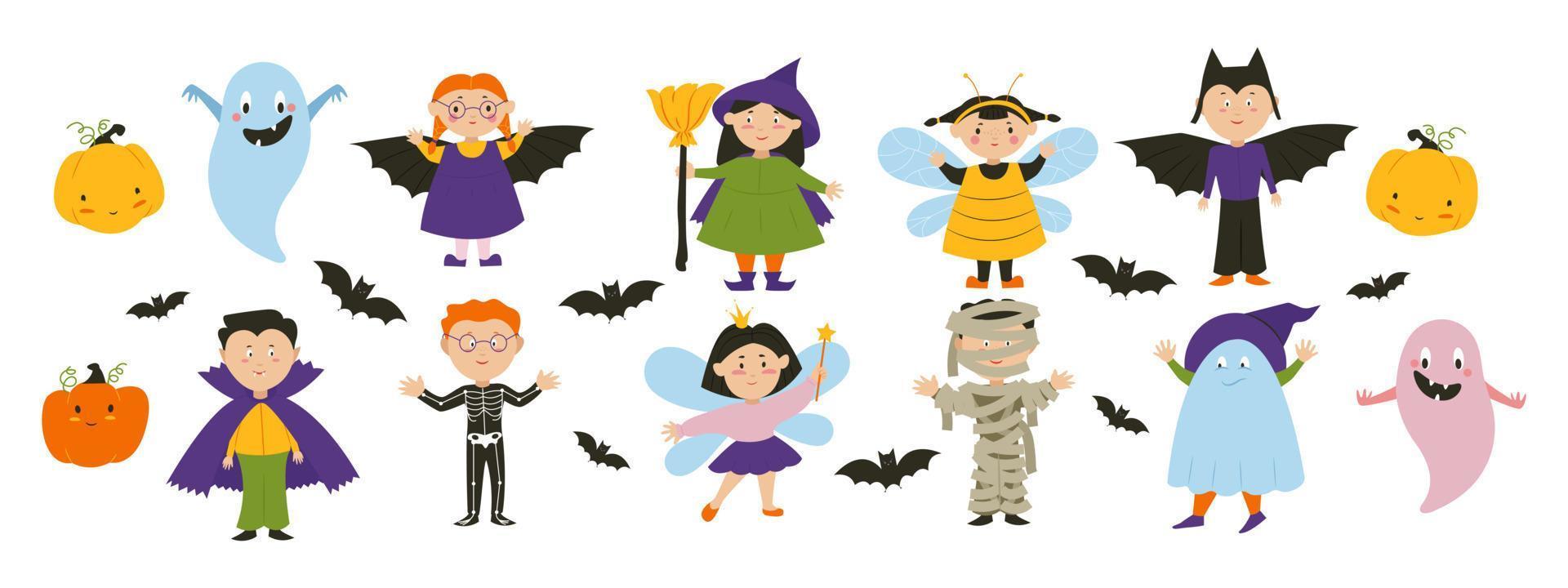 kinderen in dracula-, heks-, vleermuis- en feekostuums, halloween-feestkarakters. vector illustratie