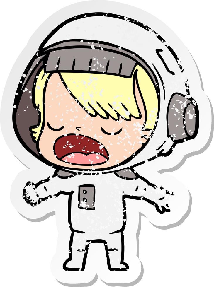 verontruste sticker van een cartoon pratende astronaut vector