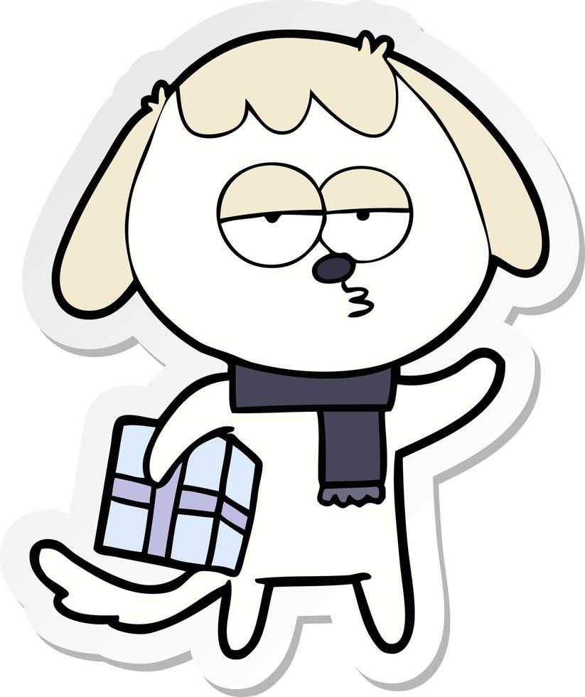 sticker van een cartoon verveelde hond met kerstcadeau vector