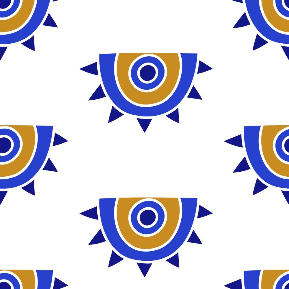mediterraan geometrisch boze ogen naadloos patroon in blauwe, witte, gouden kleuren vector