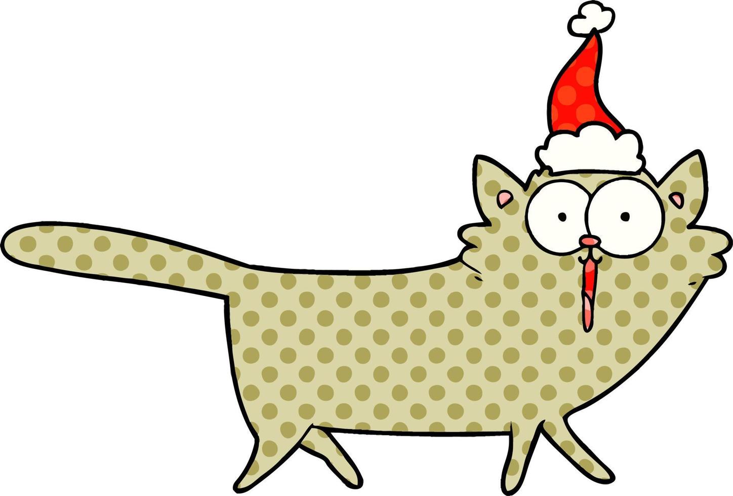 stripboekstijlillustratie van een kat die een kerstmuts draagt vector