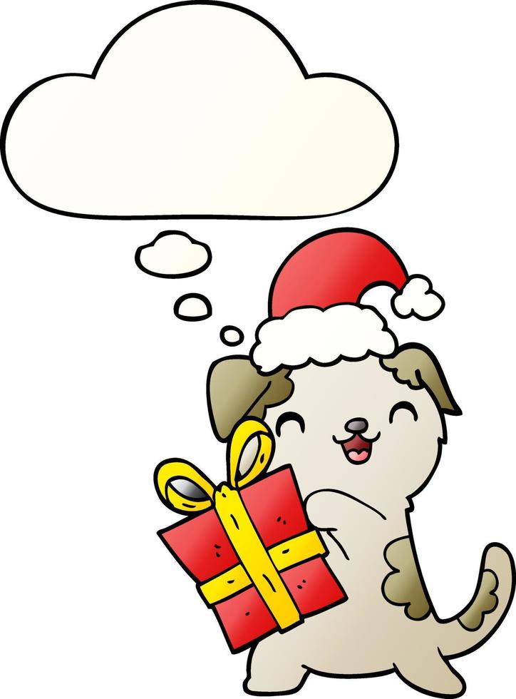 schattige cartoon puppy met kerstcadeau en hoed en gedachte bel in vloeiende verloopstijl vector