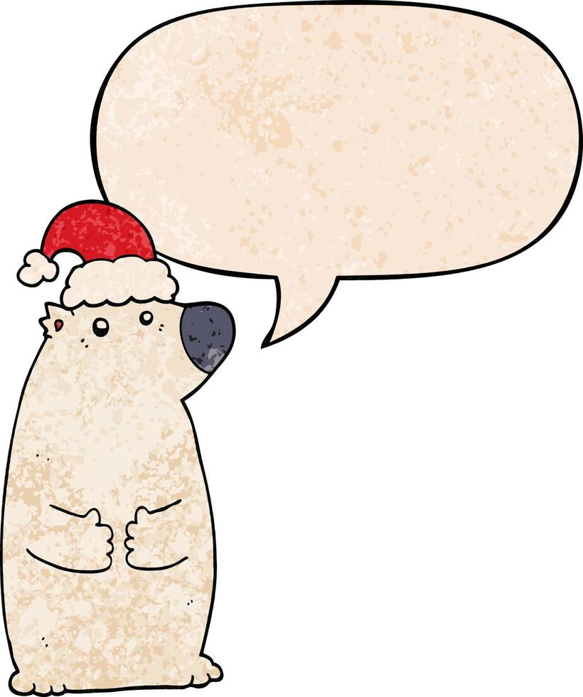 cartoon beer met kerstmuts en tekstballon in retro textuurstijl vector