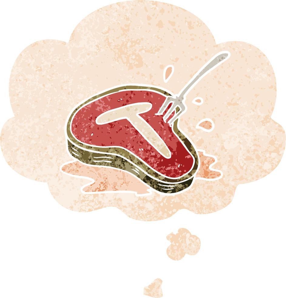 cartoon steak en gedachte bel in retro getextureerde stijl vector