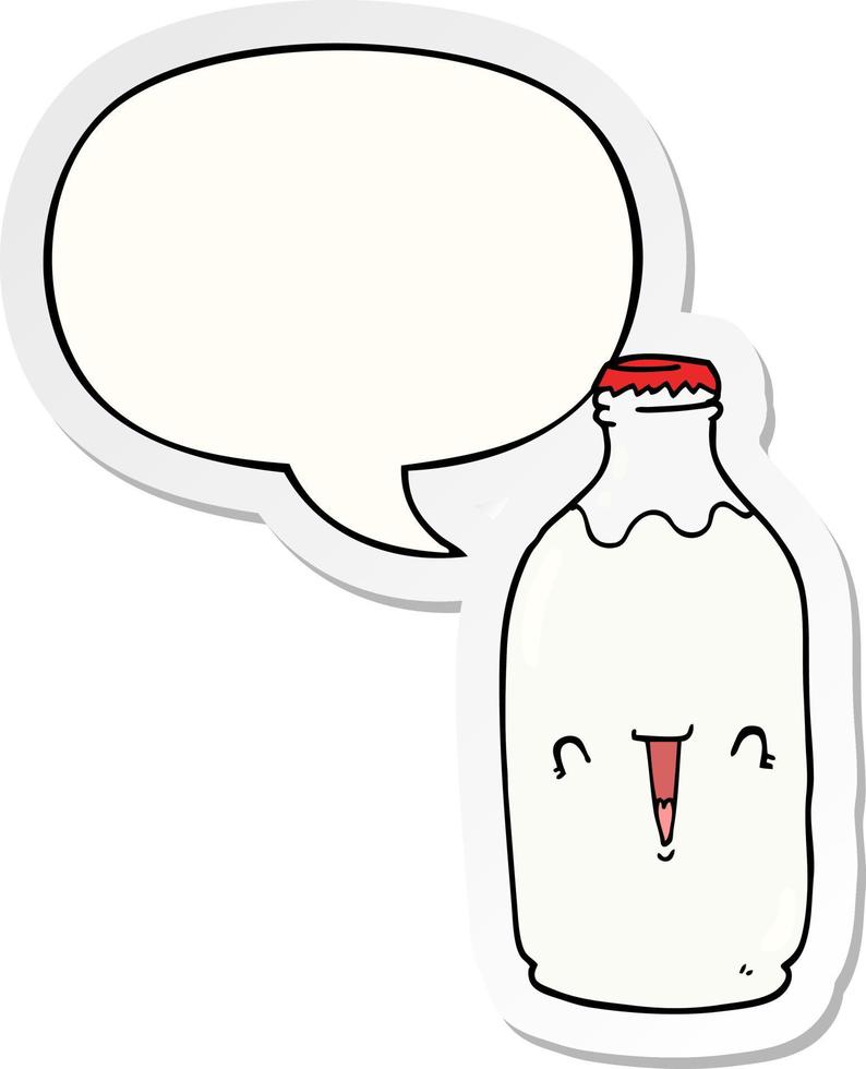schattige cartoon melkfles en tekstballon sticker vector