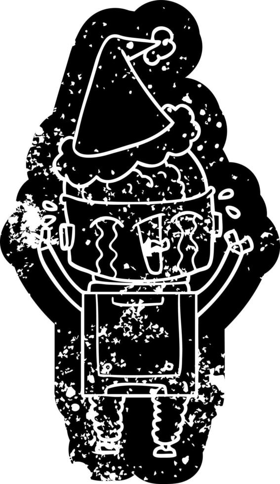 cartoon noodlijdende icoon van een huilende robot die een kerstmuts draagt vector