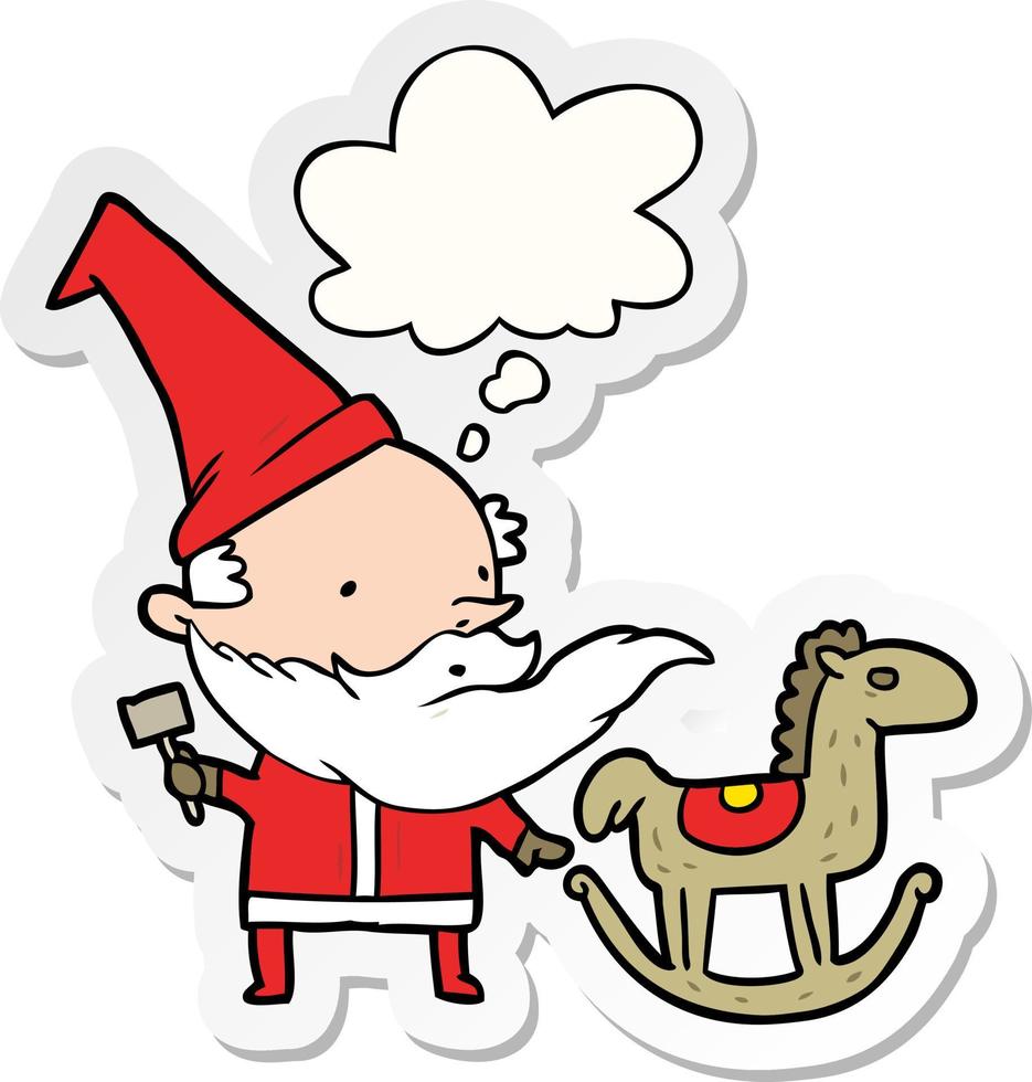 cartoon kerstman speelgoed en gedachte bel als een gedrukte sticker vector