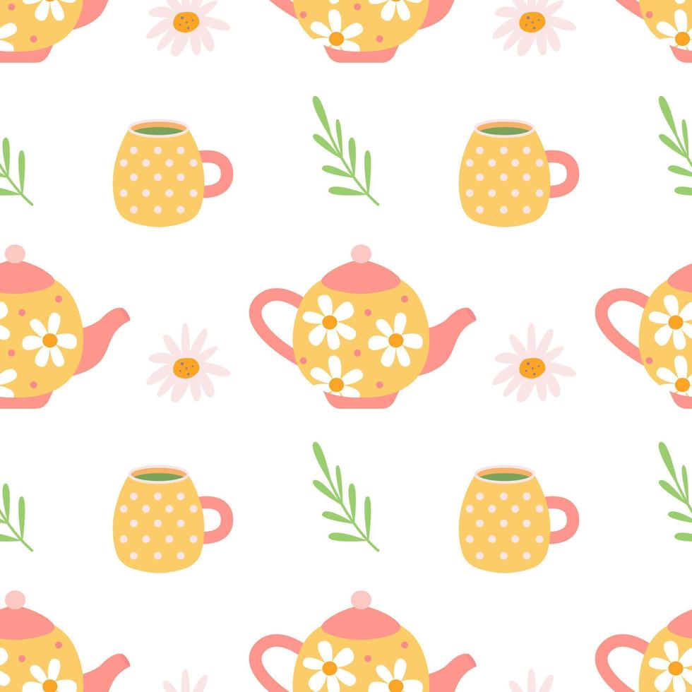 theepotten en mokken met thee, madeliefjes op witte achtergrond, vector naadloos patroon in platte handgetekende stijl