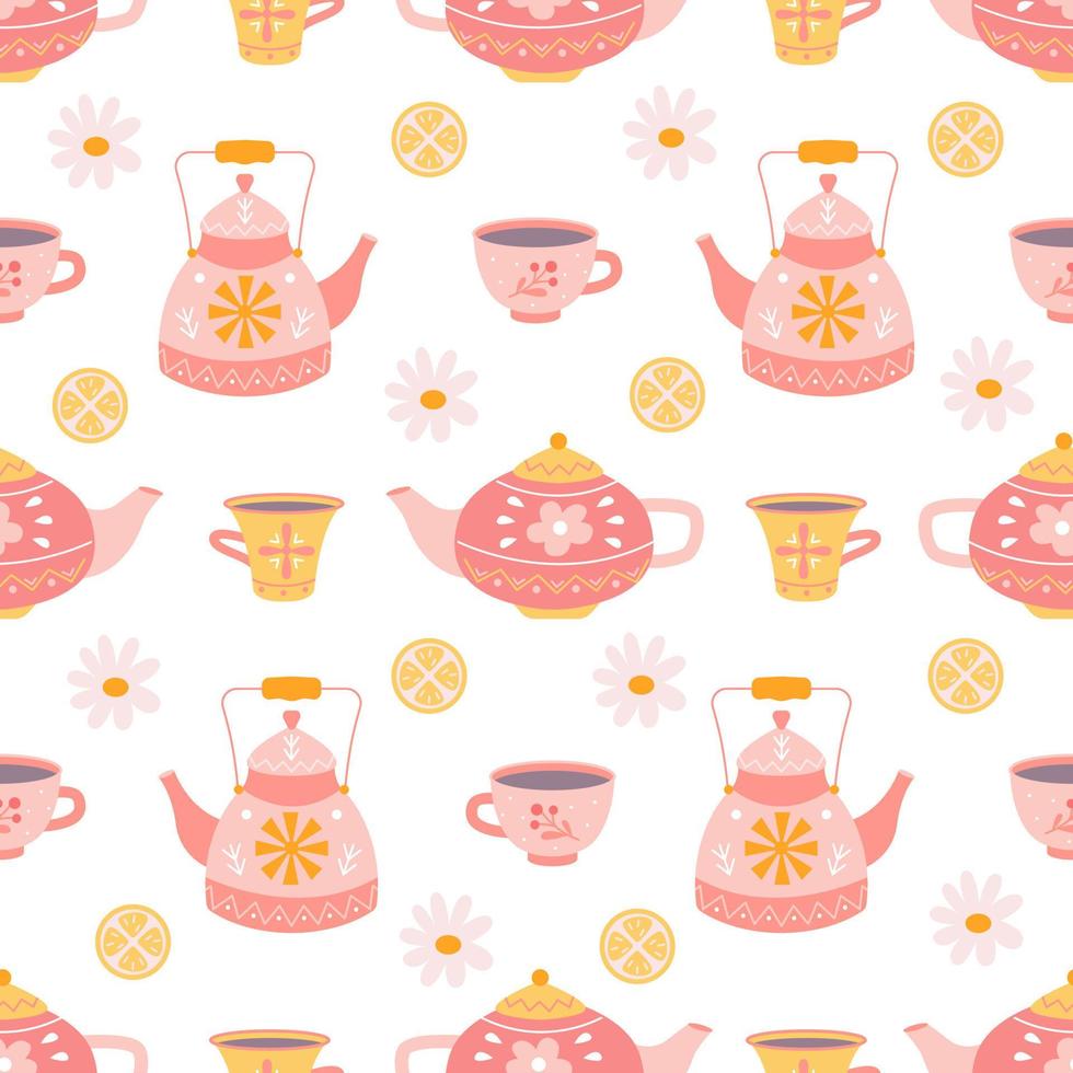 theepotten en mokken met thee, madeliefjes en citroen op witte achtergrond, vector naadloos patroon in vlakke hand getrokken stijl