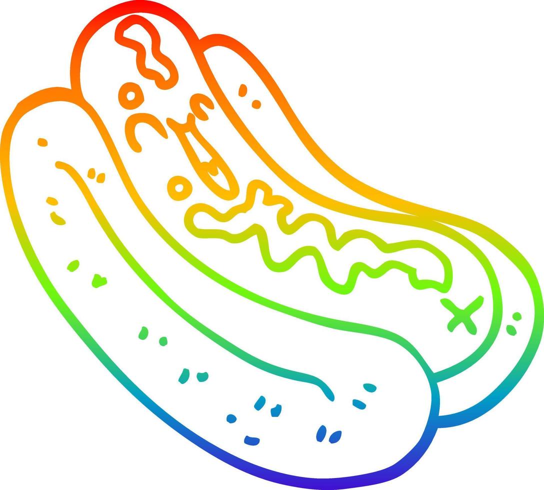 regenbooggradiënt lijntekening cartoon hotdog in broodje met ketchup vector