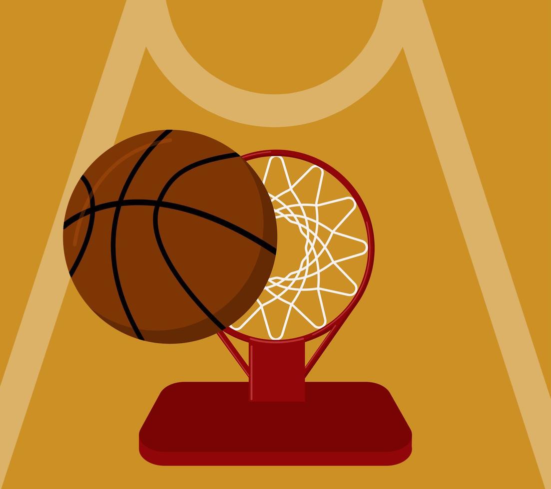 basketbal. de basketbal vliegt in de basket. een seconde voor het doel. zege. cartoon vectorillustratie. vector