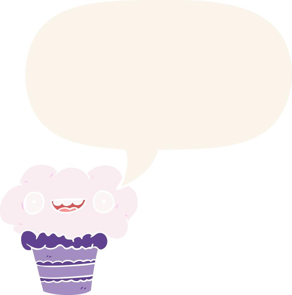 grappige cartoon cupcake en tekstballon in retro stijl vector