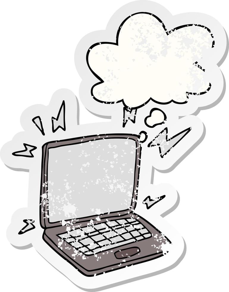 cartoon laptopcomputer en gedachte bel als een versleten versleten sticker vector