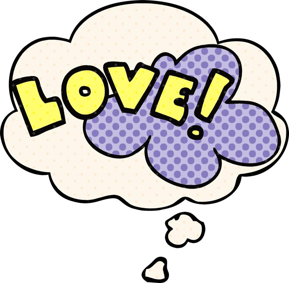 cartoon woord liefde en gedachte bel in stripboekstijl vector