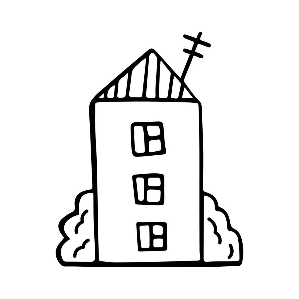 huis met meerdere verdiepingen tekening lineaire geïsoleerd. huis met drie verdiepingen met ramen, antenne en struiken. leuke krabbels. hand getekend vectorillustratie in cartoon-stijl. vector