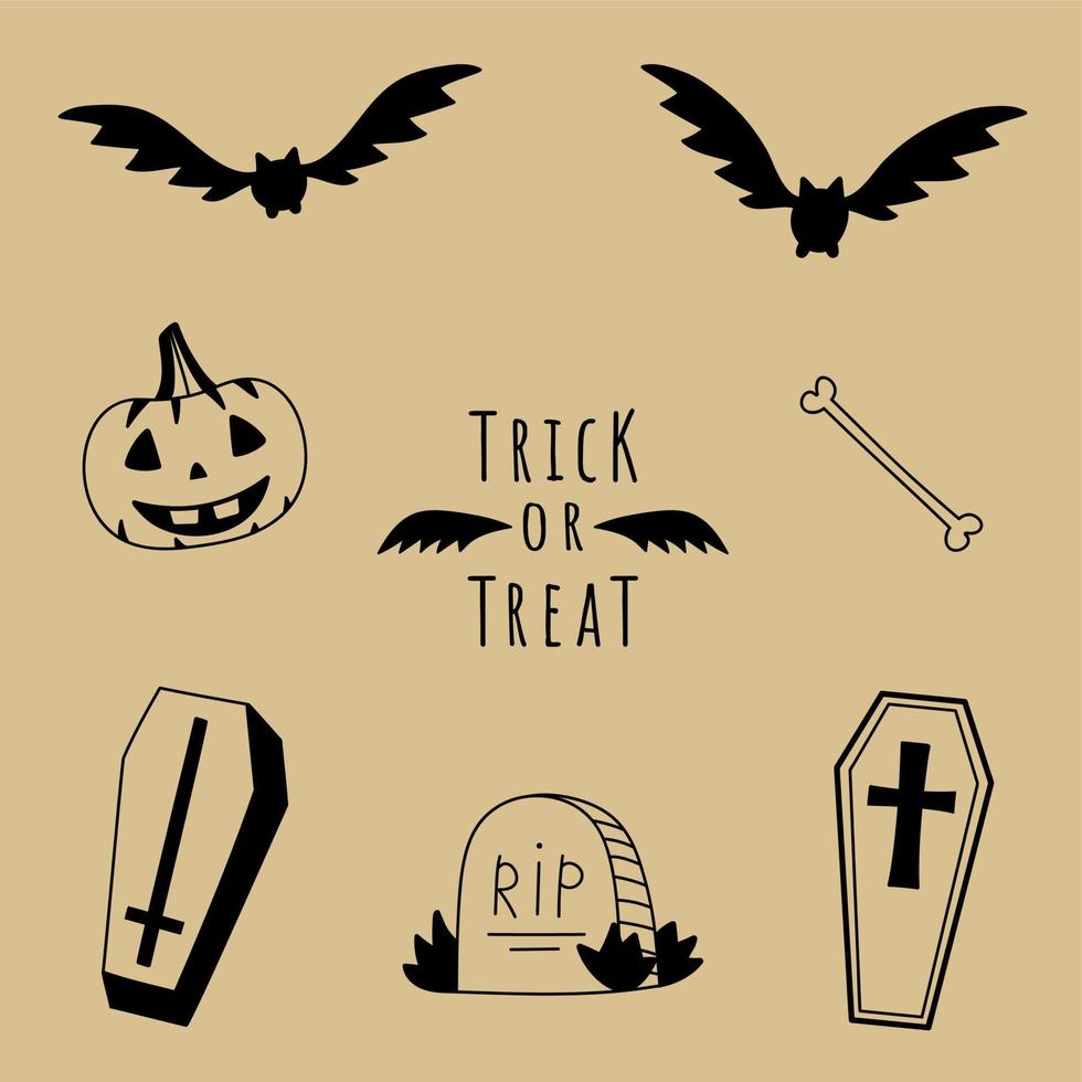set doodle halloween-elementen. verzameling van handgetekende vleermuizen, pompoen, botten, doodskisten en grafsteen. trick or treat halloween-stickers vector