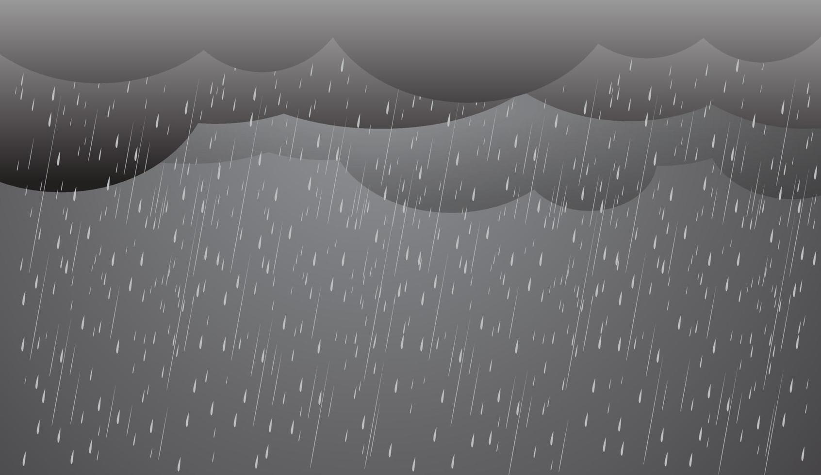 zware regen in donkere hemel, regenseizoen, wolken en storm, weer natuur achtergrond, overstroming natuurramp, vectorillustratie. vector