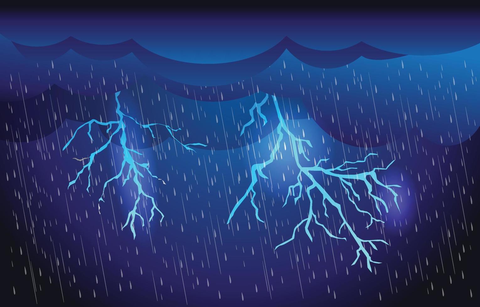 zware regen in donkere hemel, donderbliksem en wolken, regenseizoen, onweer, overstroming natuurramp, weer natuur achtergrond, vectorillustratie. vector