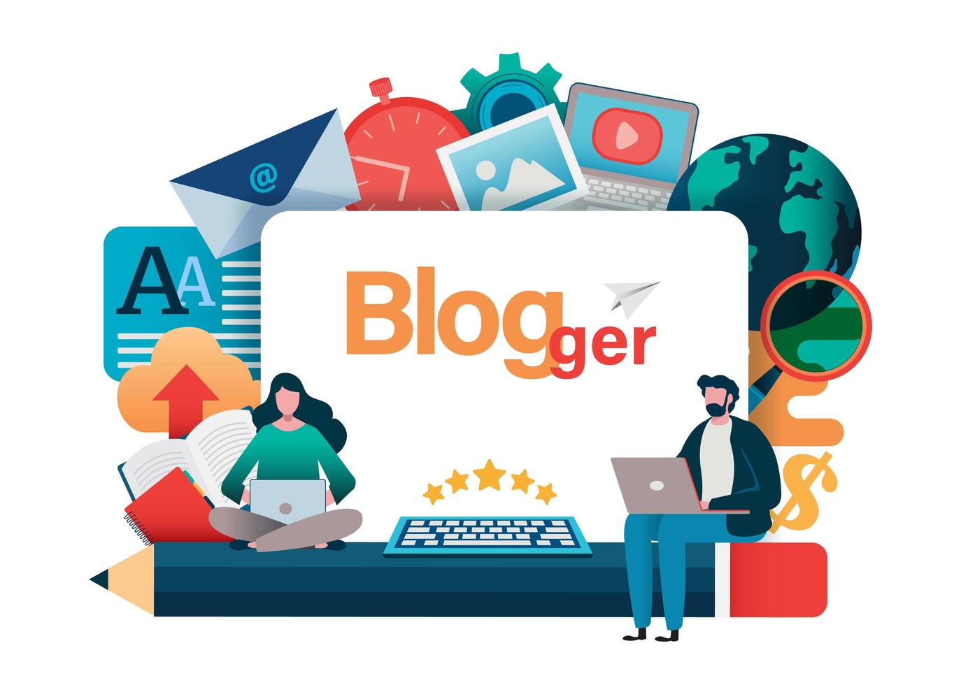 blogger concept met man en vrouw op laptops vector