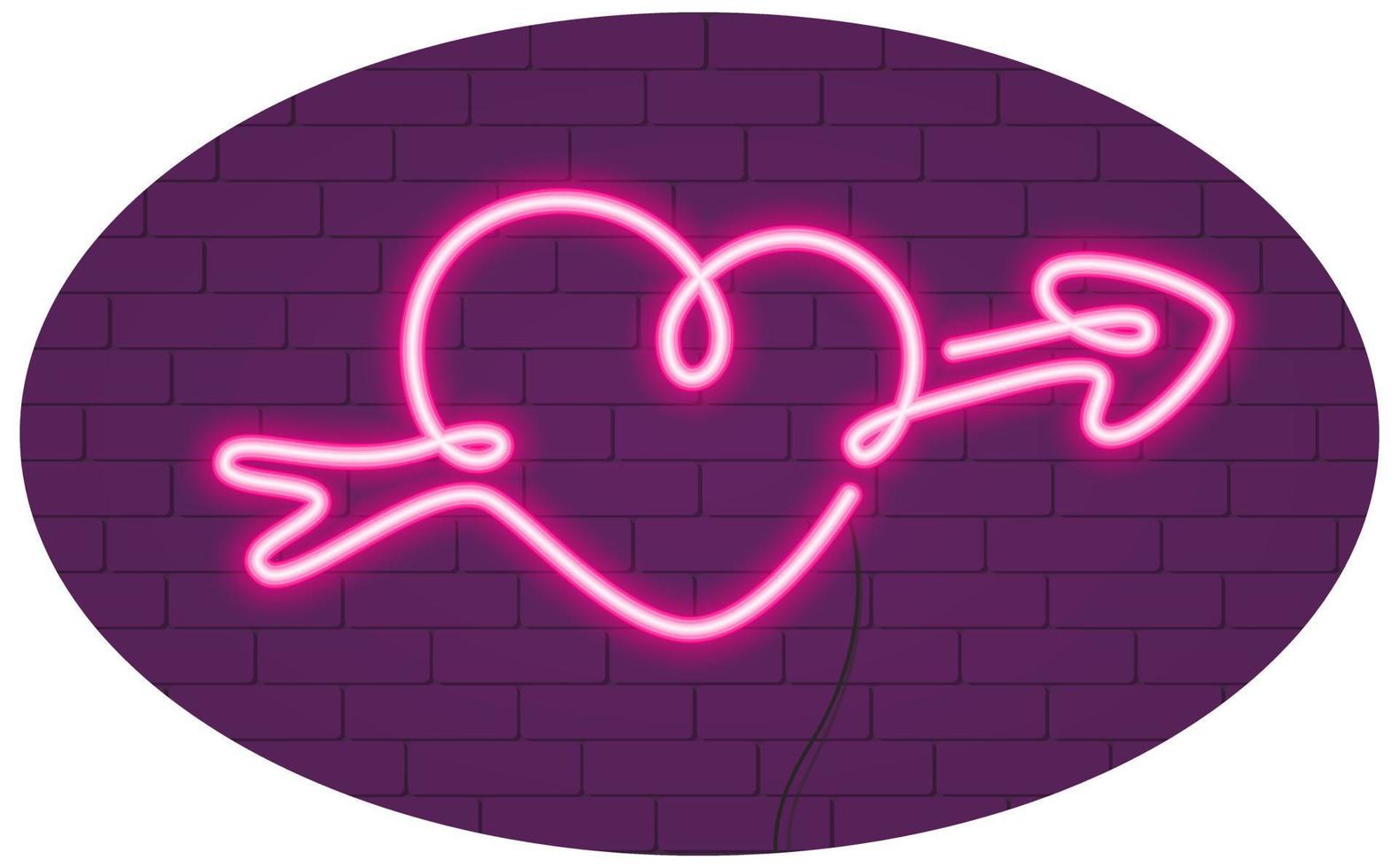 neon roze hart met pijl teken op paarse bakstenen muur. het concept van Valentijnsdag. vector