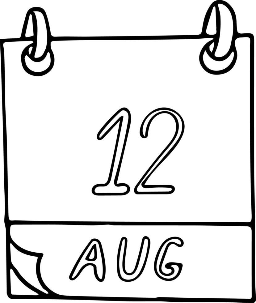 kalender hand getekend in doodle stijl. 12 augustus internationale jeugddag, datum. pictogram, stickerelement voor ontwerp. planning, zakenvakantie vector